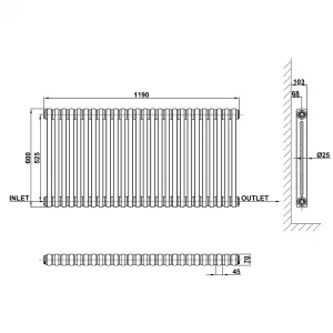 Horizontal White Double Column Radiator (H) 600mm x (W) 1190mm, 5425 BTU.