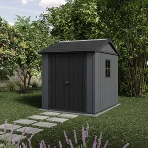 Keter Newton Plus Vertical 7x7.5 ft Apex Grey Plastic 2 door Shed with floor & 2 windows (Base included)