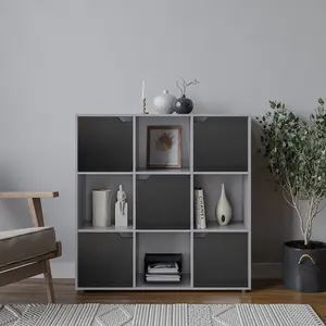 URBNLIVING 9 Cube Grey Wooden Bookcase Shelving Display Shelves Storage Unit Wood Shelf Black Door