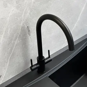 Liquida AD398MB Swan Neck Twin Lever Kitchen Mixer Tap In Matt Black