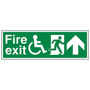 Fire Exit Sign - Wheel Chair Fire Exit With Text Arrow UP Rigid Plastic - 300x100mm (x3)