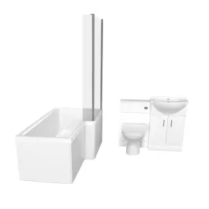 Nes Home L-Shaped RH Shower Bath White Basin Vanity Unit with WC & BTW Toilet