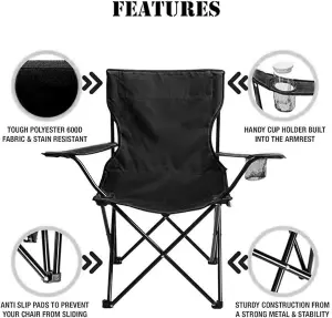 Compact Quick Folding Camping Chair with Arm Rest Carrying Bag and Drink Holder for Outdoor Use (Black)