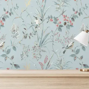 Crown Mariko Floral Treebird Blue Metallic Wallpaper M1856