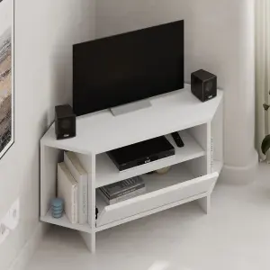 Decortie Modern Viva Corner TV Unit Shelf up to 40 Inch TVs Push to Open Storage Cabinet, 3 Open Shelf 95.7(W)cm White