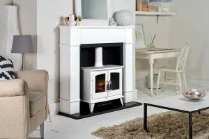 Adam Oxford Stove Fireplace in Pure White with Woodhouse White Electric Stove, 48 Inch