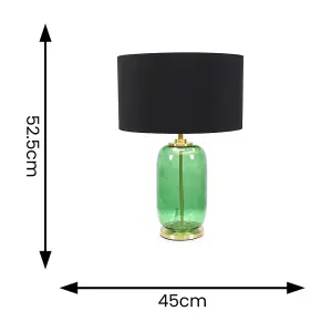 ValueLights Leigh Forest Green Glass and Gold Detail Table Lamp with Black/Gold Shade Light - LED Bulb Included