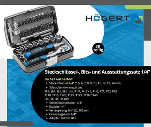 Hogert 38pc Tool Set Socket Spanner Screwdriver Bits 1/4 Inch Alloy Chrome Vanadium Steel Drop Forged Ratchet Mechanism 72 Teeth