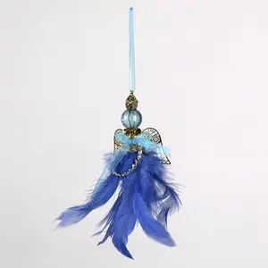 Acrylic Crystal Angel with Feather Hanging Figurine Ornament Blue/Gold / 12cm H x 6cm W x 5cm D