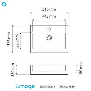 7549 Ceramic 50cm x 38cm Thick-Edge Inset Basin with Rect Full Bowl