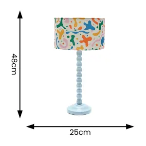 Powder Blue Bobbin Stem Table Lamp with Abstract Shapes Drum Shade for Living Room Bedroom - LED Bulb Included