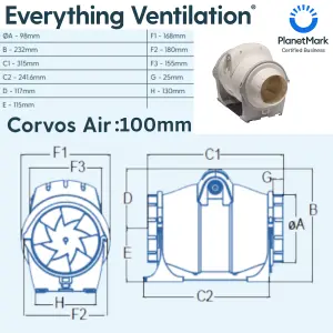 In-Line Mixed Flow Extractor Fan with 2 Adjustable Speed Controls - IP44 Rated (100mm)