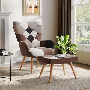 Colour Block Upholstered Armchair with Wooden Legs and Footstool