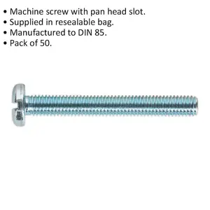 50 Pack Zinc Pan Head Slot Machine Screws - M5 x 50mm - 0.8mm Pitch DIN 85