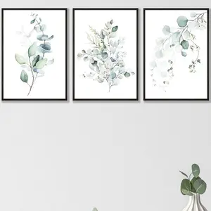 Set of 3 Green Blue Watercolour Eucalyptus Set 3 Wall Art Prints / 42x59cm (A2) / Black Frame