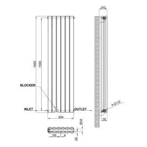 Vertical Anthracite Double Oval Panel Radiator (H)1600mm x (W)354mm, 5372 BTU.