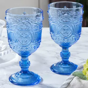 Set of 4 Embossed Blue & Golden Drinking Wine Glass Goblets 300ml