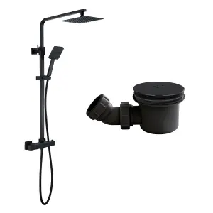 Matt Black Shower Kit Thermostatic Rigid Riser Including 90mm Shower Tray Waste