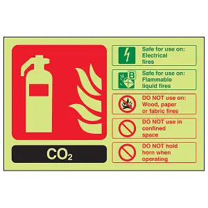 CO2 Fire Extinguisher Safety Sign - Glow in the Dark - 200x150mm (x3)