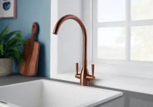 Deva Carlow Dual Lever Kitchen Sink Mixer Tap In Brushed Copper - Sleek & Durable Swan Neck Design - With Swivel Spout