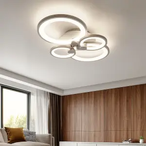 Modern 4 Circular White Metal and Acrylic LED Semi Flush Ceiling Light Fixture for Nordic Decor, Dimmable