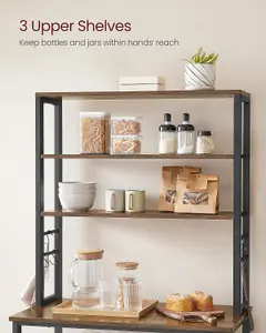 VASAGLE Tall Baker's Rack, Kitchen Storage Unit with Shelves, 6 Hooks & Metal Frame, Microwave Stand, Rustic Brown & Black