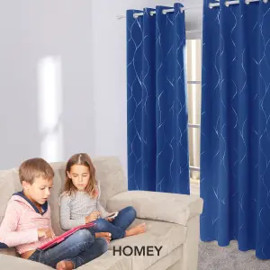 Deconovo Eyelet Blackout Curtains Thermal Silver Wave Line Foil Printed Curtains for Living Room, 46 x 72 Inch, Royal Blue, 1 Pair