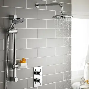 Chrome Thermostatic Concealed Mixer Shower With Wall Mounted Slide Rail Kit & Overhead Drencher (Lake) - 2 Shower Heads