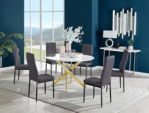 Furniturebox UK Novara White Gloss Gold Leg 120cm Round Dining Table & 6 Grey Velvet Milan Black Leg Chairs