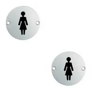 2x Bathroom Door Female Symbol Sign 64mm Fixing Centres 76mm Dia Polished Steel