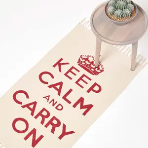 Homescapes Keep Calm And Carry On Red White Rug Hand Woven Base, 60 x 100 cm