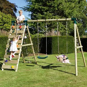 Rebo Wooden Swing Set with Up and Over Climbing Wall - Ela Green