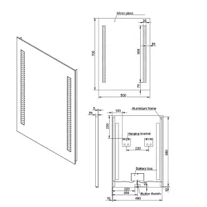 SunDaze 500 x 700mm LED Illuminated Bathroom Mirror Battery Powered Button Switch Wall Mounted