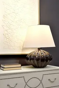 Table Lamp Ceramic Brown Black Speckled Glaze Cream Faux Silk Shade LED E27 60W