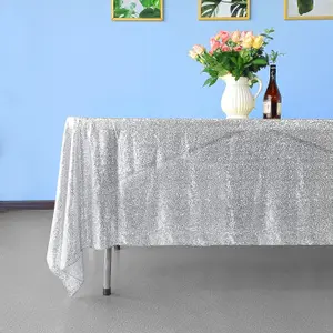 Neel Blue 70x144 Inch Rectangle Sequin Tablecloth, Silver