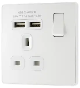 BG PCDCL21U2W Pearlescent White Evolve 1 Gang 13A 2x USB-A 2.1A Switched Socket Outlet - White Insert