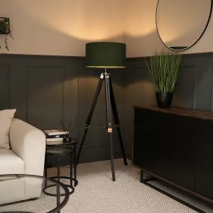 ValueLights Clipper Modern Black Wood and Silver Chrome Tripod Floor Lamp with Forest Green Drum Shade