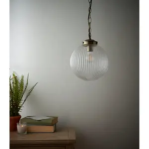 Bateson 1 - Light Globe Pendant Antique Brass/Clear Ribbed Glass / 100cm H x 25cm W x 25cm D