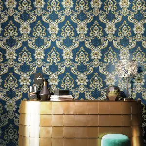 Galerie Opulence Navy Blue Gold Luxury Italian Damask Embossed Wallpaper