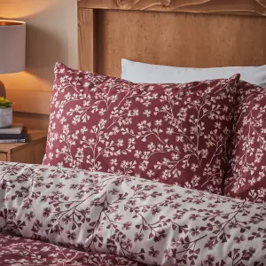 Catherine Lansfield Brushed Grace Floral Leaf Cotton Reversible Duvet Cover Set with Pillowcase Red