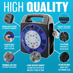 4 Way 25M Cable Extension Reel Lead Mains Socket Heavy Duty 13 Amp - Home, Office, Garden - Safety Cut Out