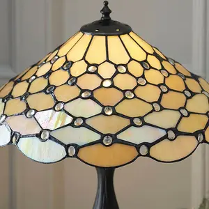 Tiffany Glass Table Lamp Light Dark Bronze & Rich Cream Geometric Shade i00226