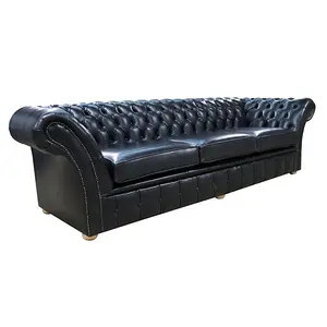 Chesterfield 4 Seater Old English Black Leather Sofa Settee In Balmoral Style