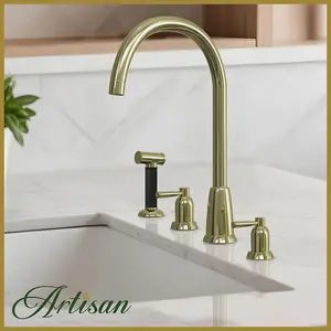 Artisan Kensington 3 Hole Traditional Kitchen Mixer Tap With Hand Spray - Polished Brass