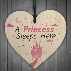 Red Ocean A Princess Sleeps Here Wooden Hanging Heart Baby Daughter Bedroom Plaque Girls Door Sign