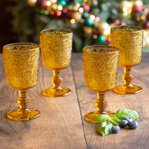 Set of 4 Vintage Luxury Yellow Embossed Drinking Goblet Wine Glasses 300ml