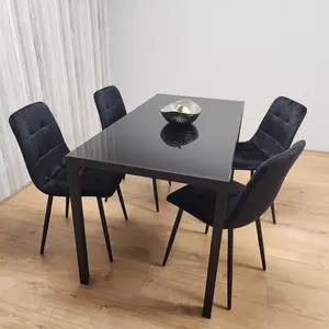 Black Kitchen Dining Table And 4 Black Tufted Velvet Chairs Set Of 4 Dining Room Furniture