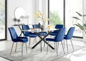 Furniturebox UK Leonardo Black Leg Glass Dining Table & 6 Navy Pesaro Silver Leg Chairs