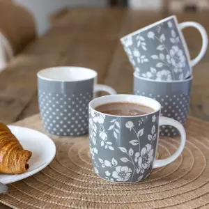 KitchenCraft 4-Piece Grey Floral / Polka Dot Mug Set