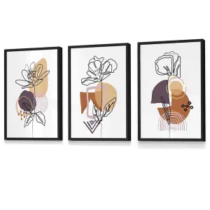 Set of 3 Line Art Flowers on Purple Orange Boho Shapes Wall Art Prints / 30x42cm (A3) / Black Frame